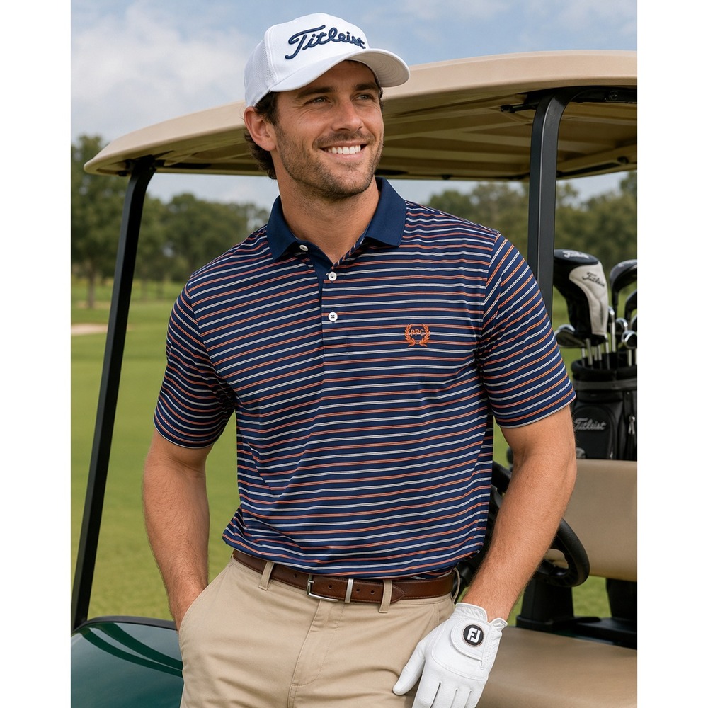 Fairway Greene Mens Short Sleeve Stripe Golf Polo Navy Blue Orange Large